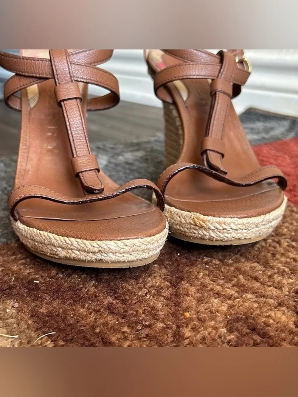 Burberry Brown Leather And Rope Espadrille Wedge Sandals House Check